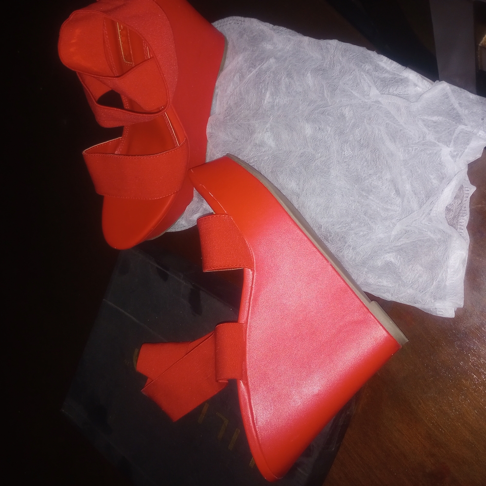 Liliana Reddish- Orange Wedge Shoes Vibrant Statement Piece - Picture 3 of 5
